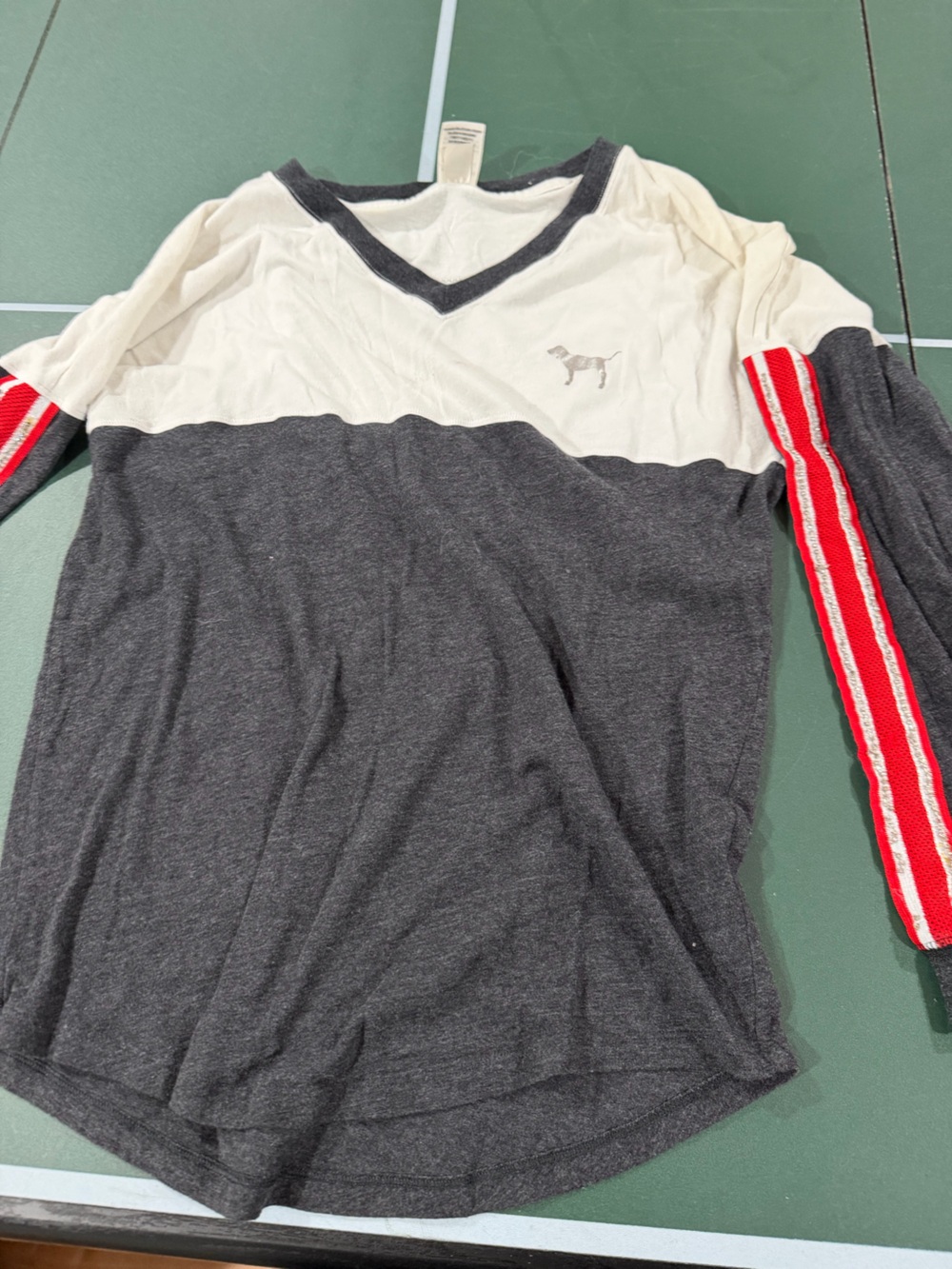 PINK Victoria's Secret Two-Tone V-Neck Long Sleeve Shirt with Red Stripe Sleeves